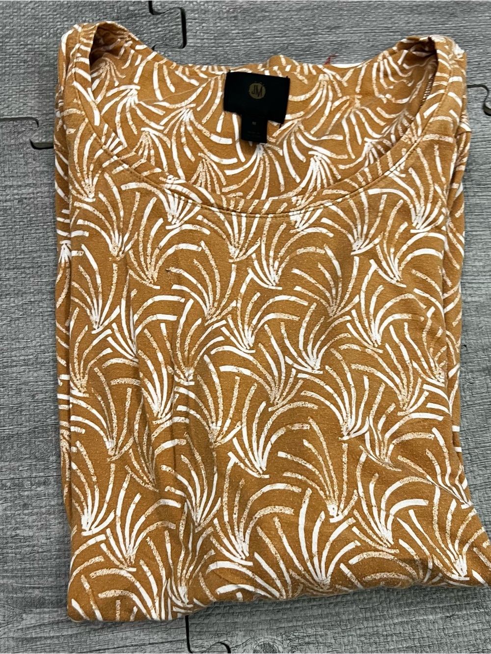 JM Brown White Abstract Print Scoop Neck 3/4 Sleeve Pullover Tunic Blouse M